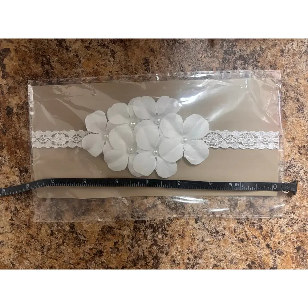 White Floral Lace Baby Headband Baptism Christening Wedding Flower Girl